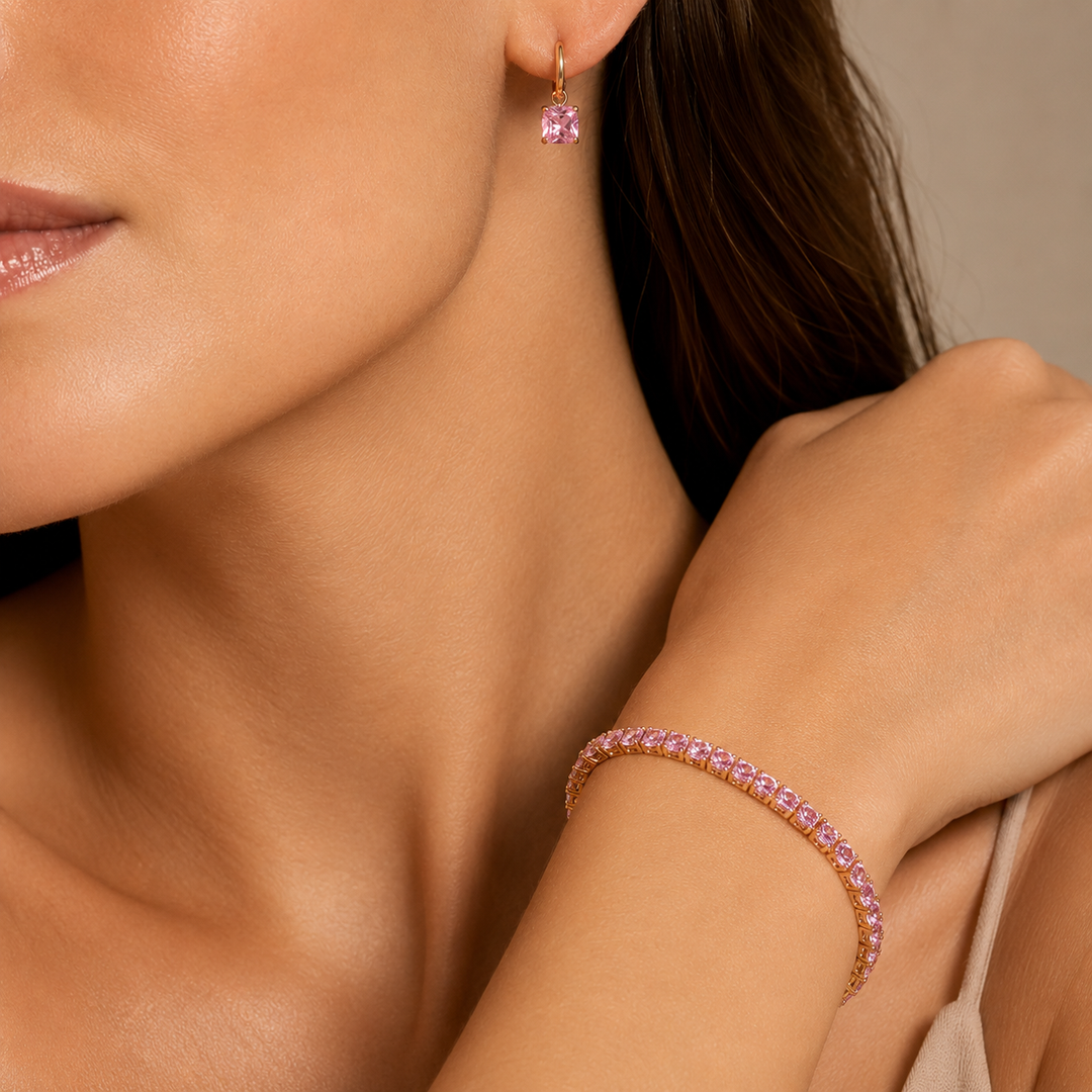 Pink Cushion Earring &amp; Tennis Bracelet Set