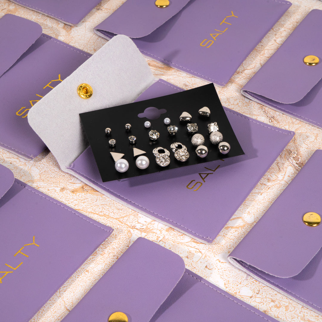 "All Things Silver" Diamond Triangle Heart Inlaid 12 Pairs Stud Earrings