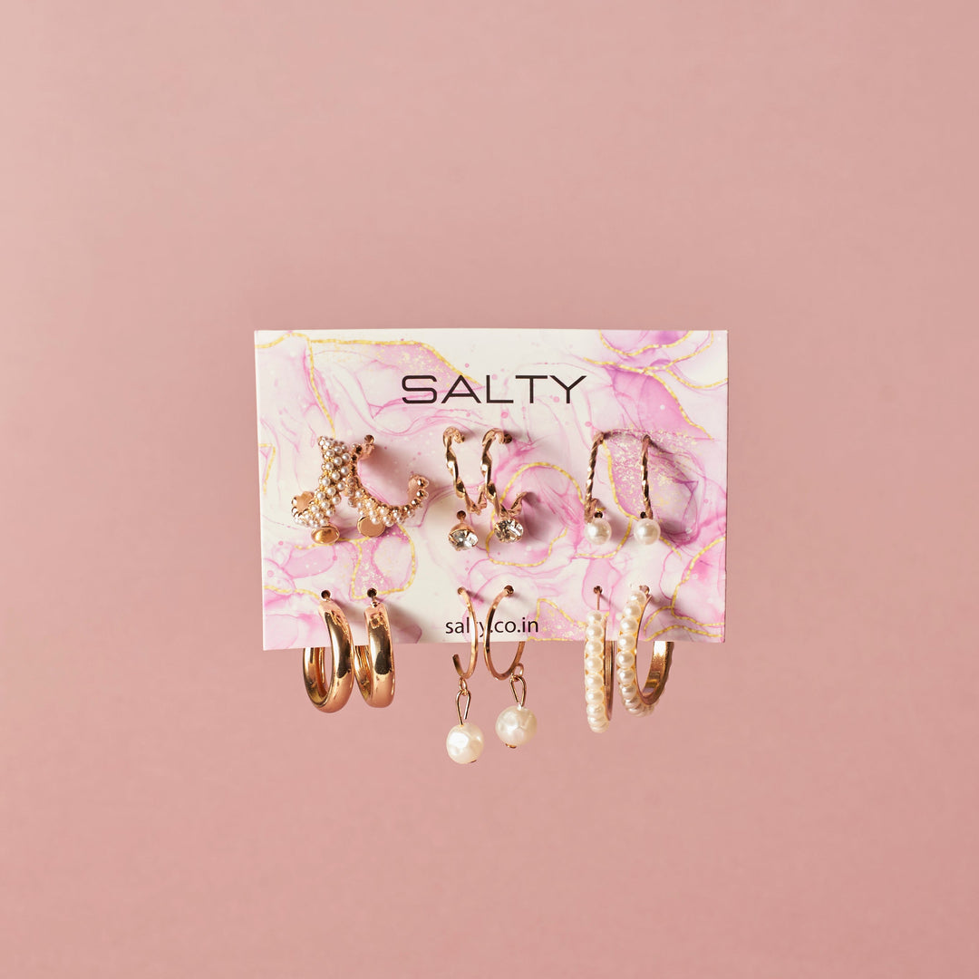 Set of 9 Gold Chunky Real Freshwater Pearl Hoops and Studs - Salty Accessories