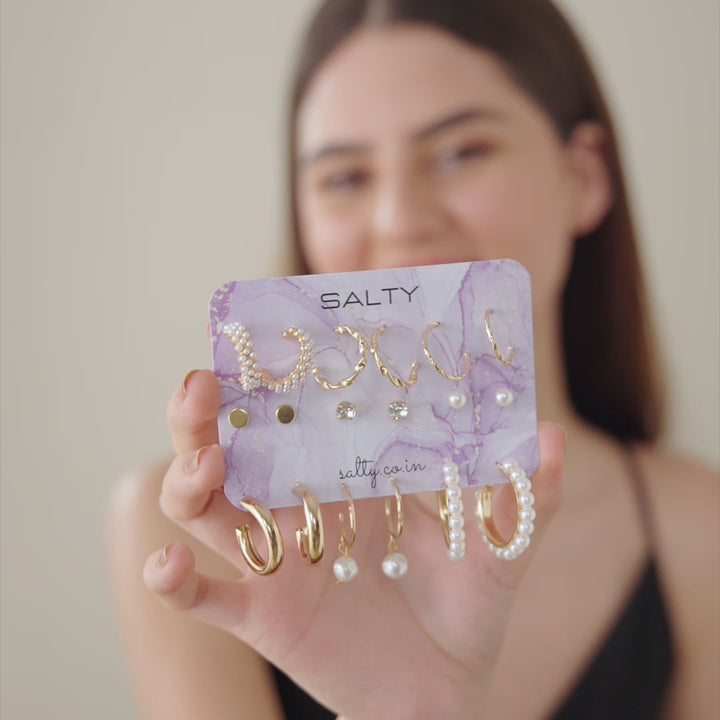 Set of 9 Gold Chunky Real Freshwater Pearl Hoops and Studs - Salty Accessories