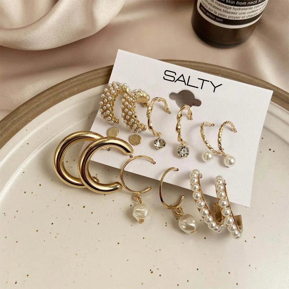 Set of 9 Gold Chunky Real Freshwater Pearl Hoops and Studs - Salty Accessories