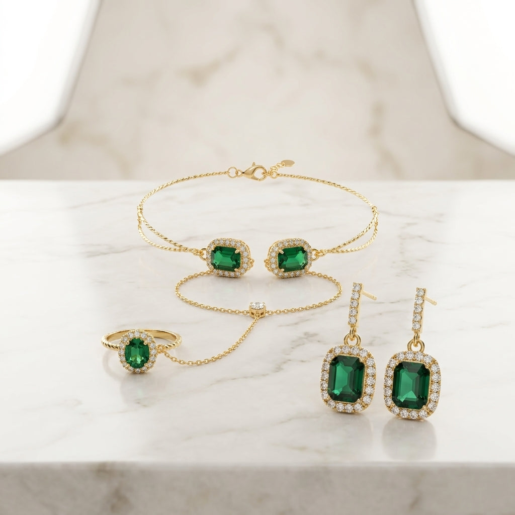 Emerald Earring &amp; Hand Chain Set
