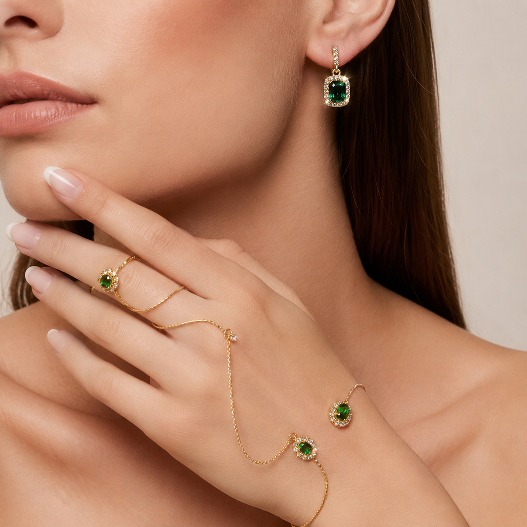 Emerald Earring &amp; Hand Chain Set