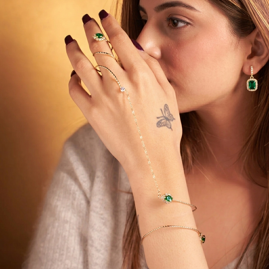 Emerald Earring &amp; Hand Chain Set