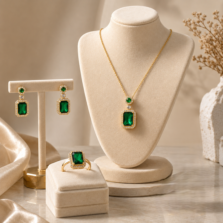 Kiara Advani Green Emerald Necklace and Earrings Set - 18K Gold Plated
