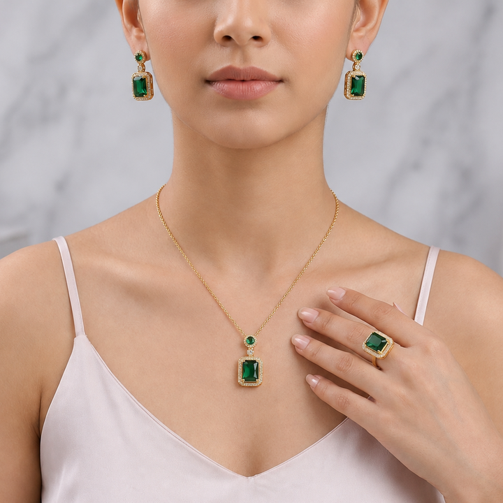Kiara Advani Green Emerald Necklace and Earrings Set - 18K Gold Plated