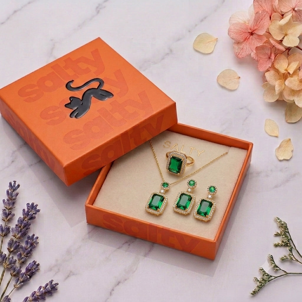 Kiara Advani Green Emerald Necklace and Earrings Set - 18K Gold Plated