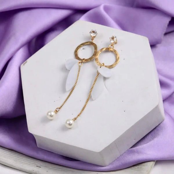 Windchime Acrylic Wings Pearl Drop Gold Earrings