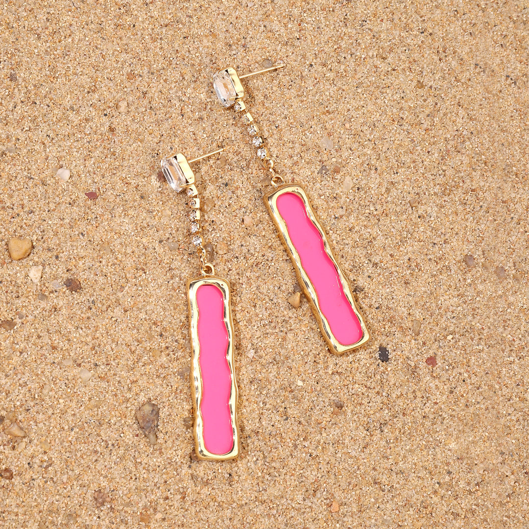 Pink Enamel Crystal Gold Earring