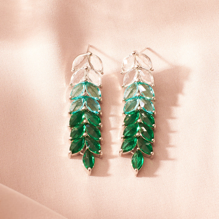 Leaf Silver Tassel Earrings - Green