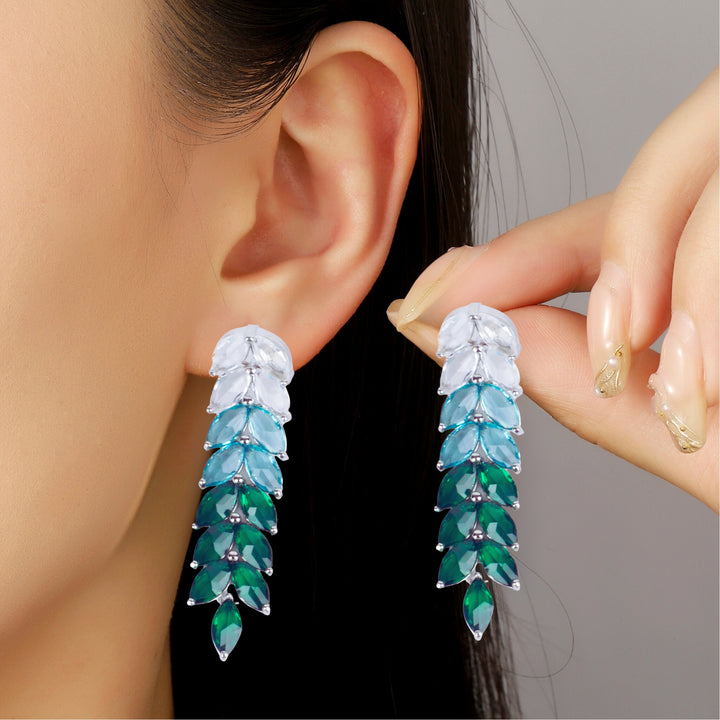 Leaf Silver Tassel Earrings - Green