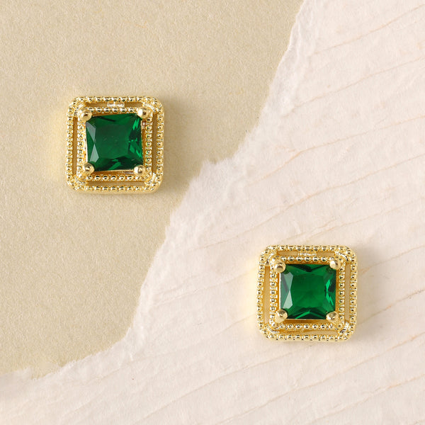 Geo Frame Stud Earrings - Green