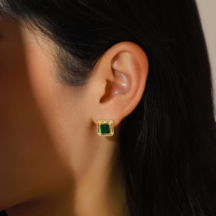 Geo Frame Stud Earrings - Green