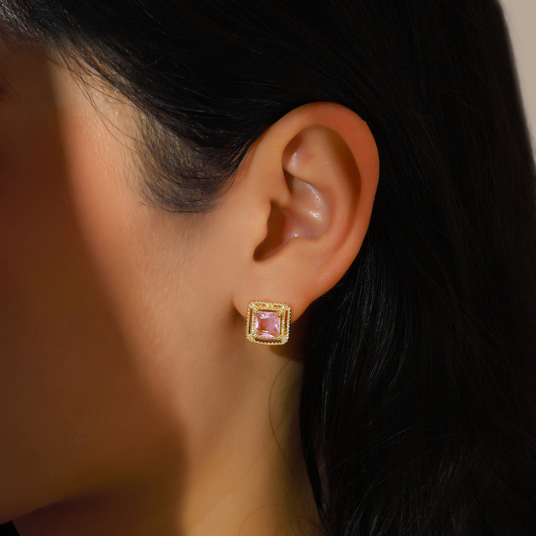 Geo Frame Stud Earrings - Pink