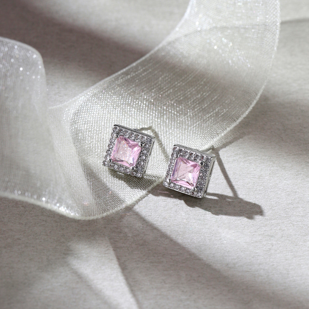 Geo Frame Stud Earrings - (Silver-Pink)