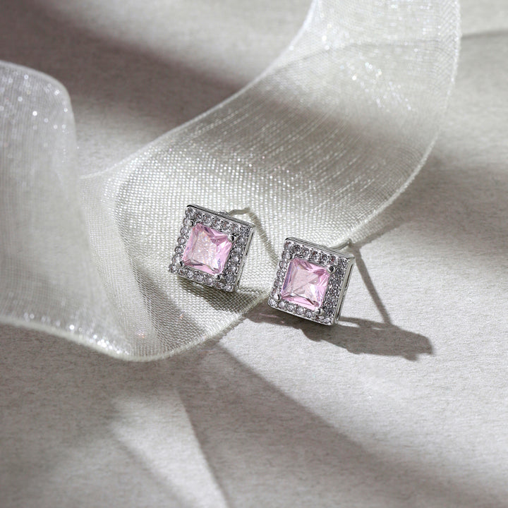 Geo Frame Stud Earrings - (Silver-Pink)