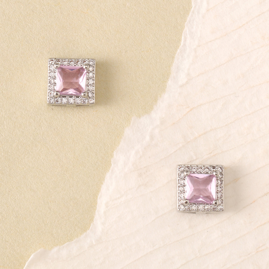 Geo Frame Stud Earrings - (Silver-Pink)
