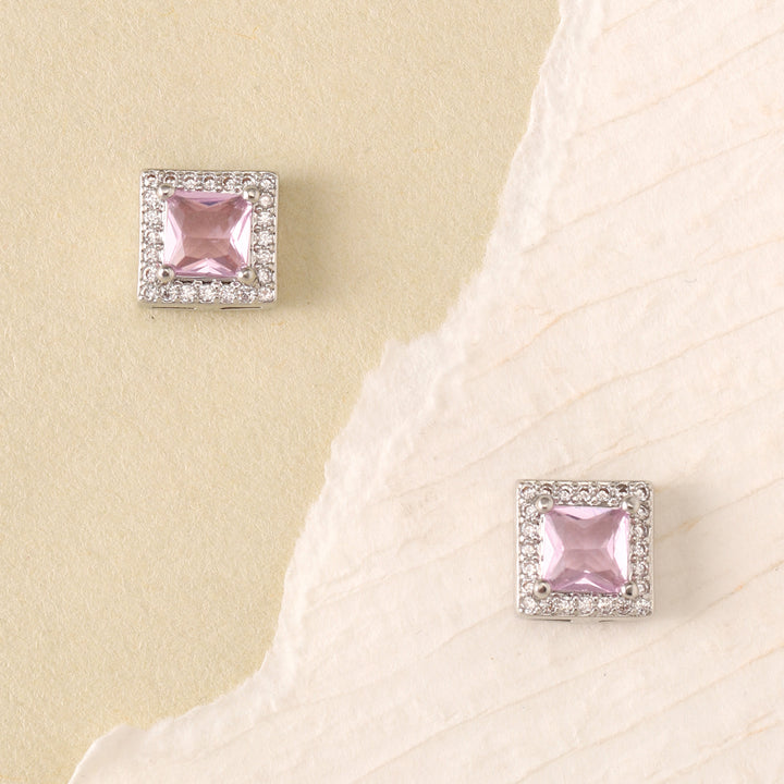 Geo Frame Stud Earrings - (Silver-Pink)