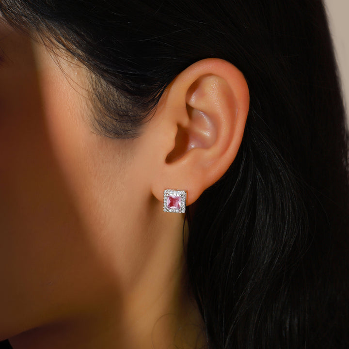 Geo Frame Stud Earrings - (Silver-Pink)