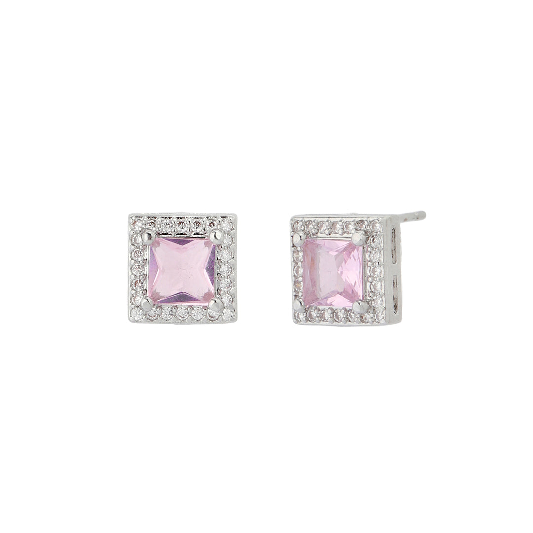 Geo Frame Stud Earrings - (Silver-Pink)