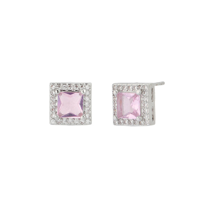 Geo Frame Stud Earrings - (Silver-Pink)