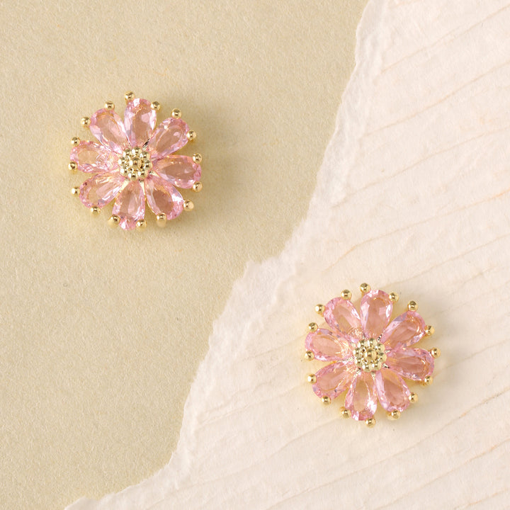 Crystal Daisy Stud Earrings - Pink