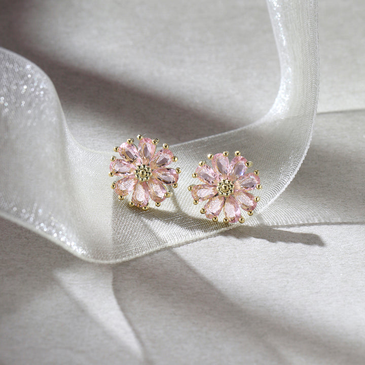 Crystal Daisy Stud Earrings - Pink