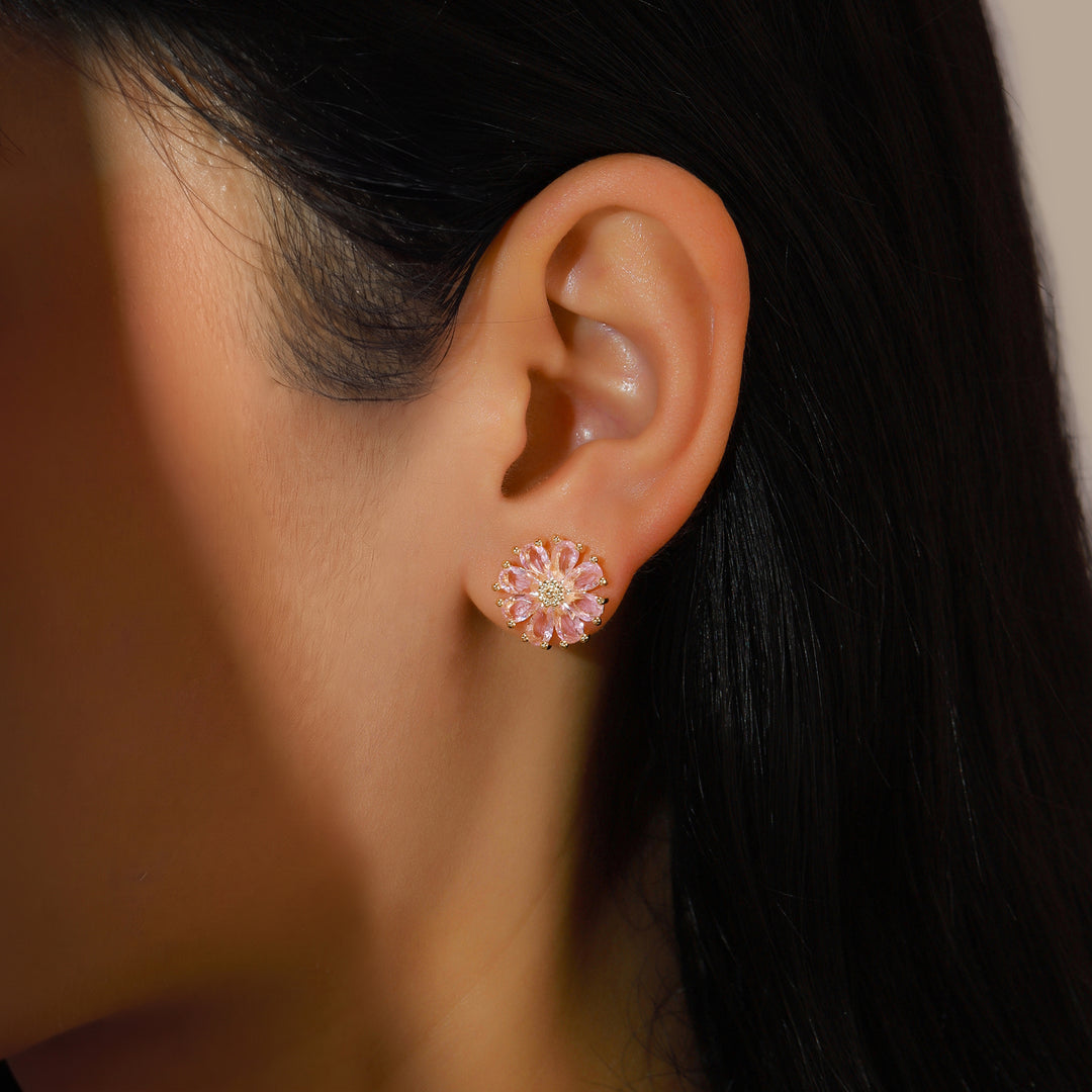 Crystal Daisy Stud Earrings - Pink