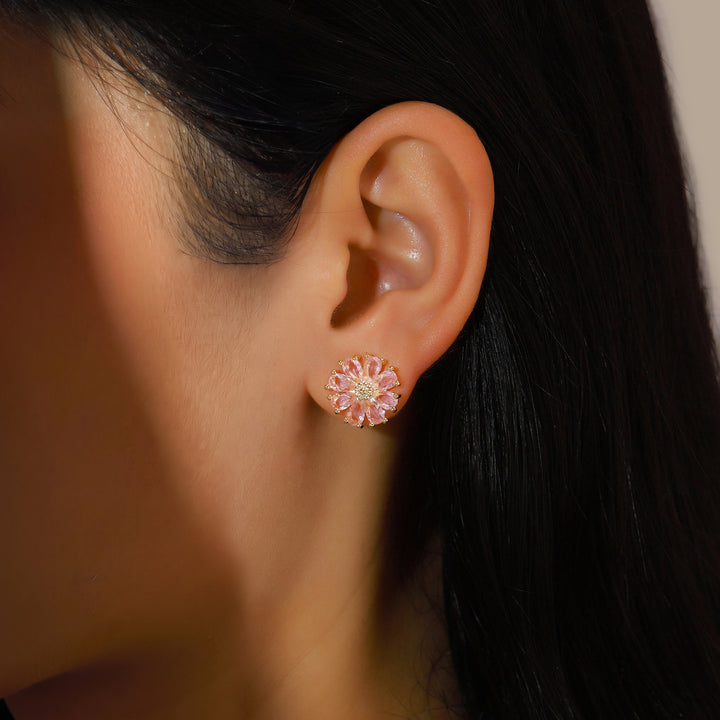 Crystal Daisy Stud Earrings - Pink