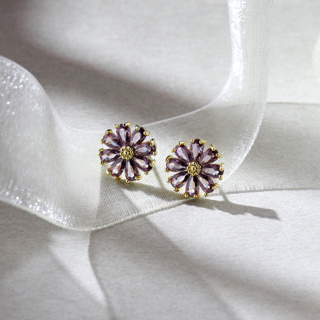 Crystal Daisy Stud Earrings - Purple