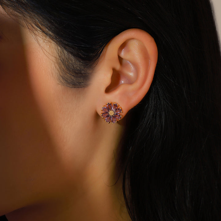 Crystal Daisy Stud Earrings - Purple