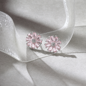 Crystal Daisy Stud Earrings - Silver-Pink
