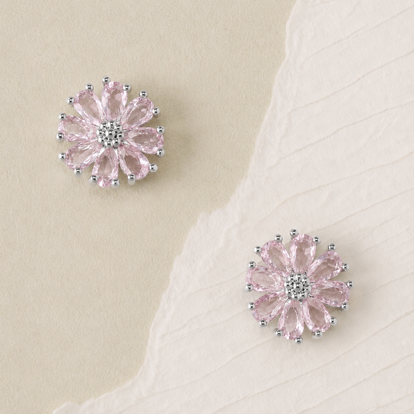 Crystal Daisy Stud Earrings - Silver-Pink