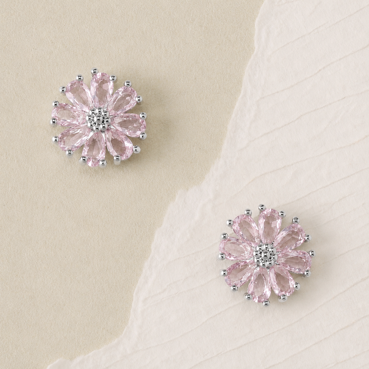 Crystal Daisy Stud Earrings - Silver-Pink