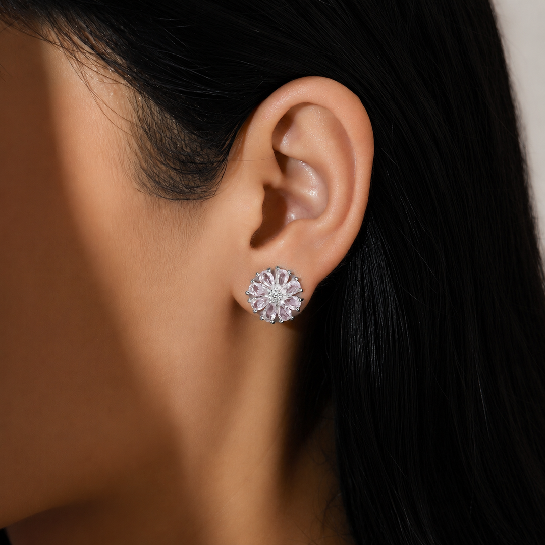 Crystal Daisy Stud Earrings - Silver-Pink