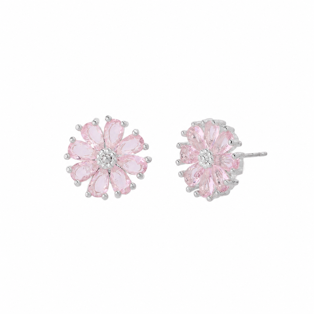 Crystal Daisy Stud Earrings - Silver-Pink