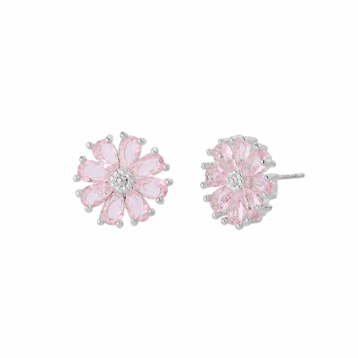 Crystal Daisy Stud Earrings - Silver-Pink