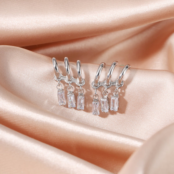Trois Crystal Hoops Earrings - Silver