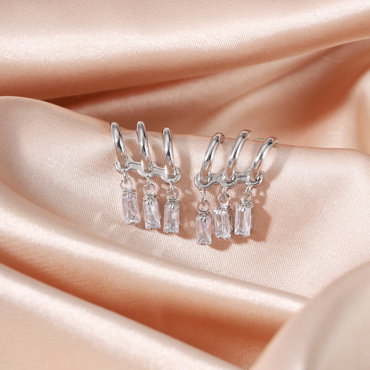 Trois Crystal Hoops Earrings - Silver