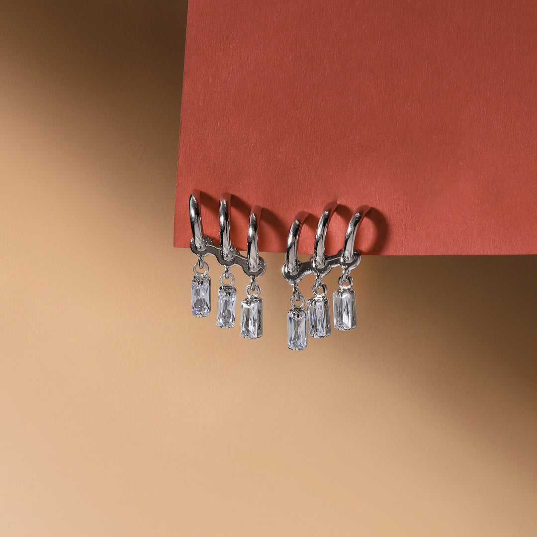 Trois Crystal Hoops Earrings - Silver