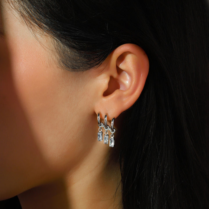 Trois Crystal Hoops Earrings - Silver