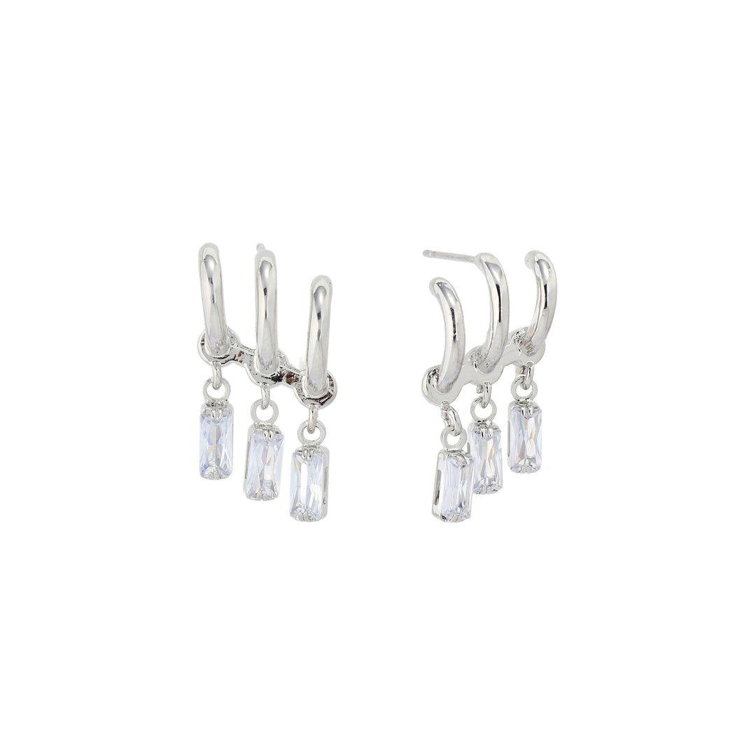 Trois Crystal Hoops Earrings - Silver