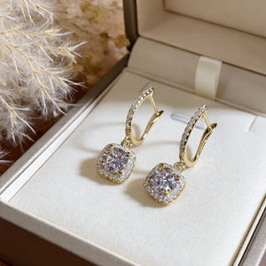Halo Cushion Drop Earrings - Gold