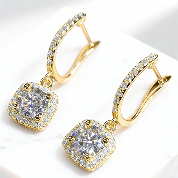 Halo Cushion Drop Earrings - Gold