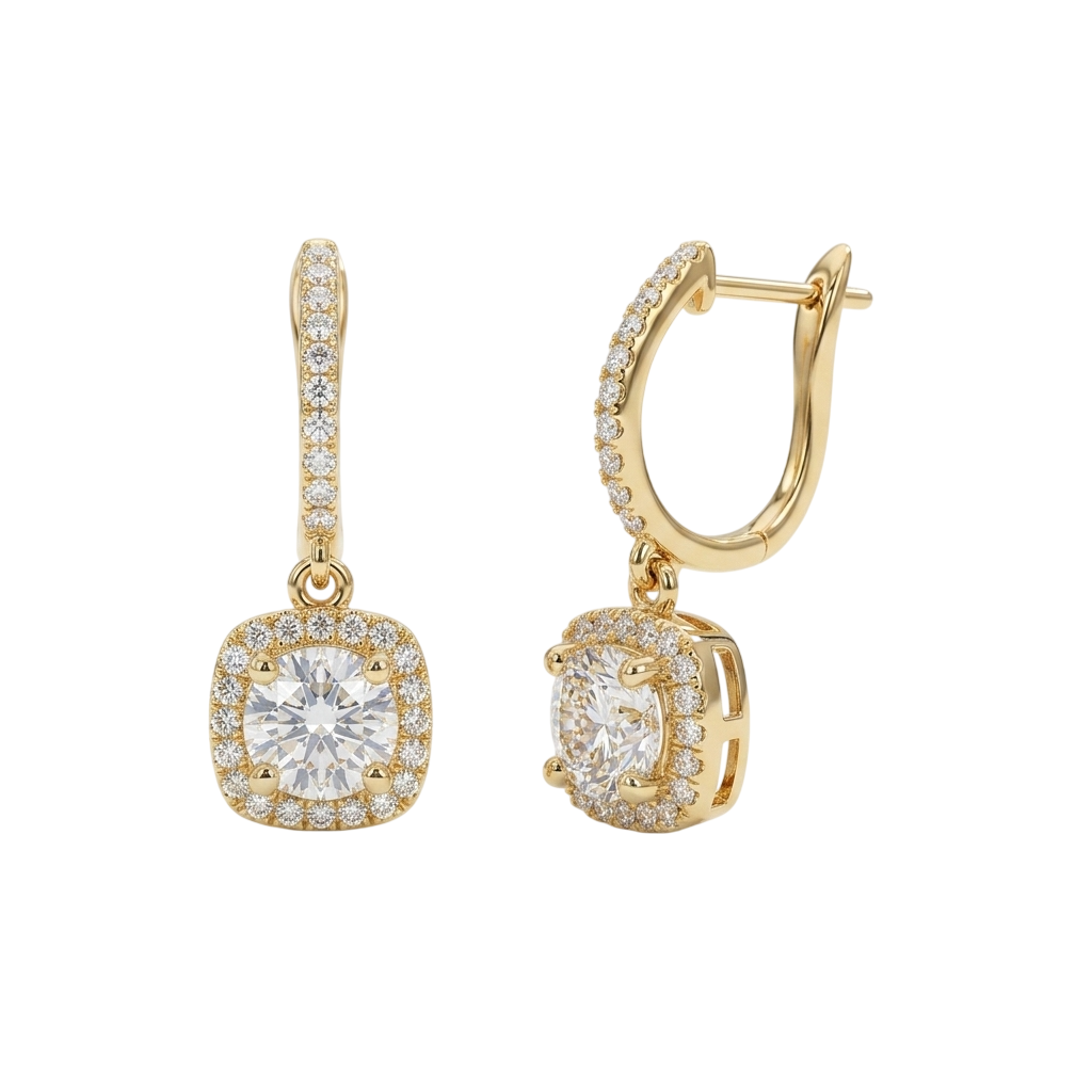 Halo Cushion Drop Earrings - Gold