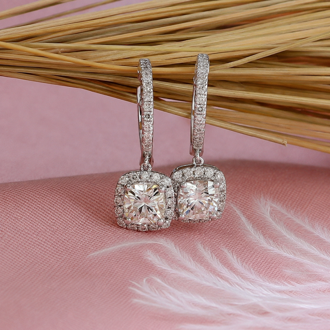 Halo Cushion Drop Earrings - Silver
