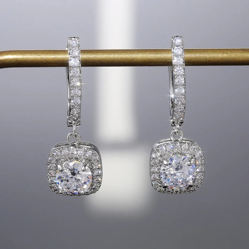 Halo Cushion Drop Earrings - Silver