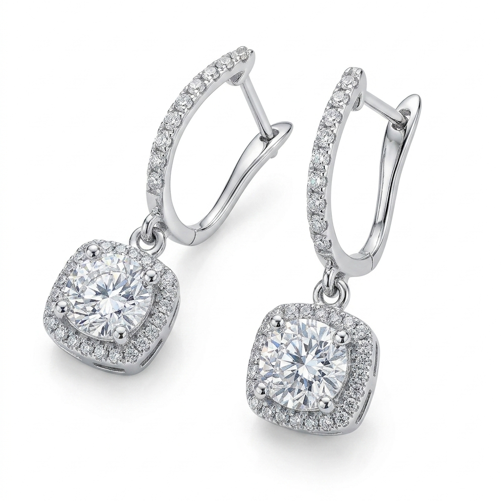 Halo Cushion Drop Earrings - Silver