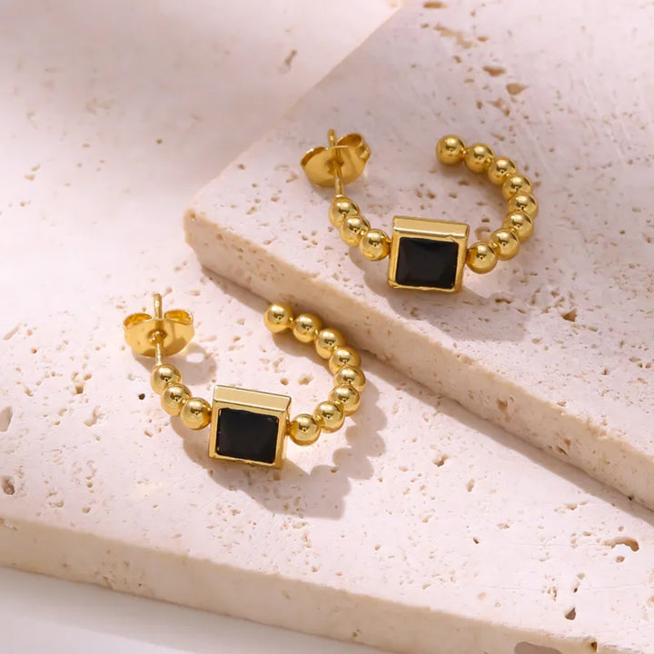 Beaded Prism Square Hoop Earrings - Black