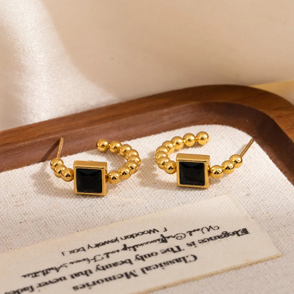 Beaded Prism Square Hoop Earrings - Black